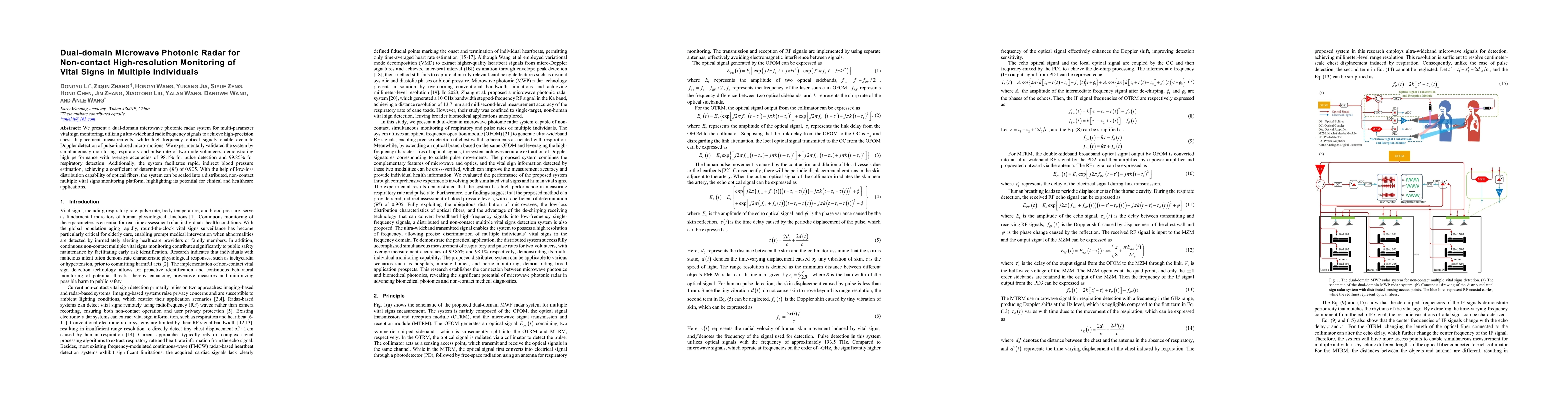 Thumbnail for Dual-domain Microwave Photonic Radar for Non-contact High-resolution
  Monitoring of Vital Signs in Multiple Individuals