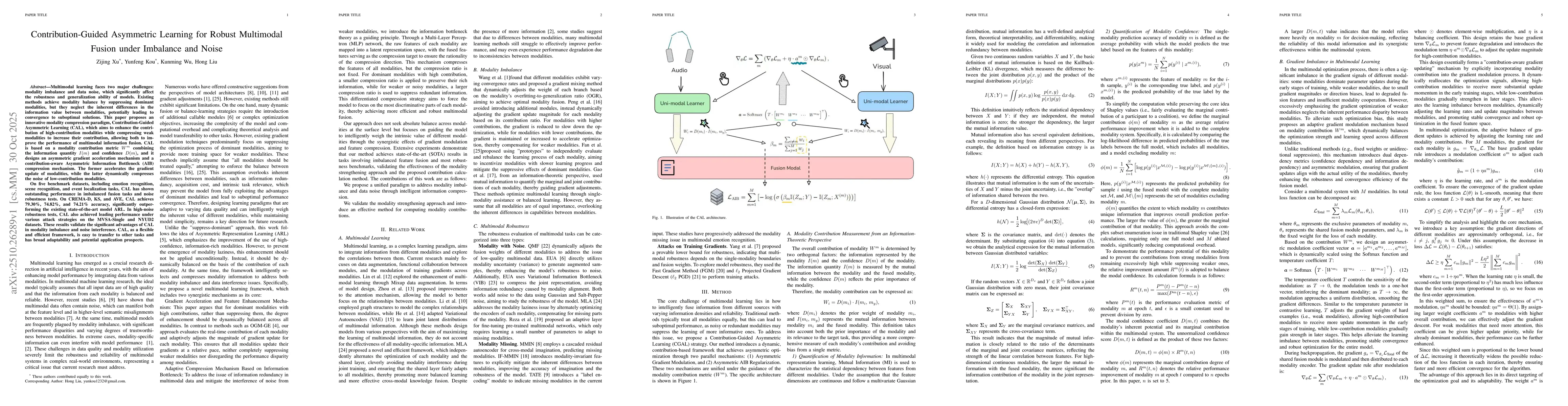 Thumbnail for Contribution-Guided Asymmetric Learning for Robust Multimodal Fusion
  under Imbalance and Noise