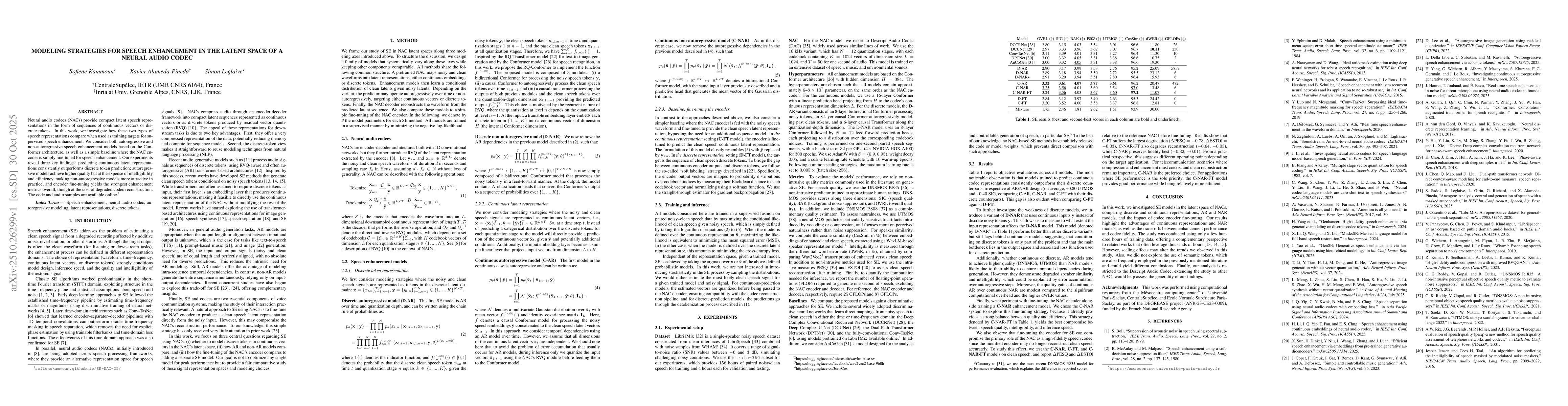 Thumbnail for Modeling strategies for speech enhancement in the latent space of a
  neural audio codec