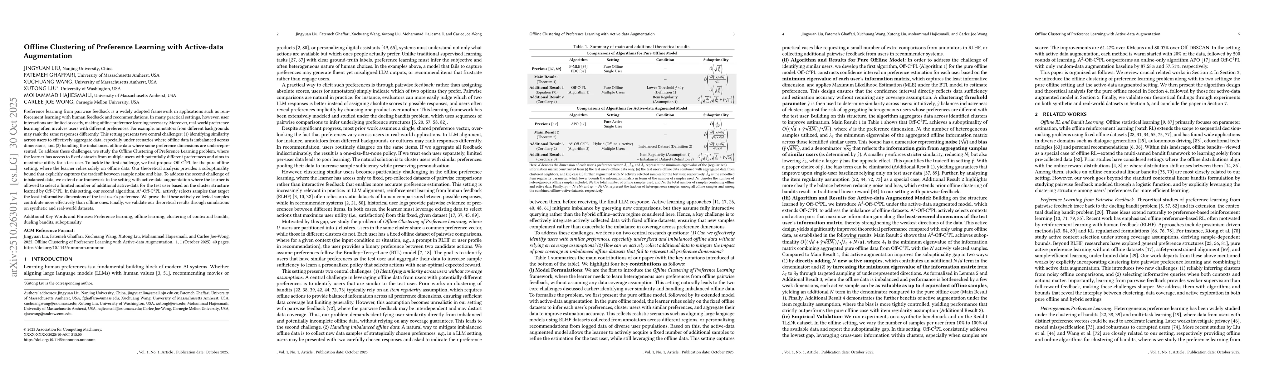 Thumbnail for Offline Clustering of Preference Learning with Active-data Augmentation