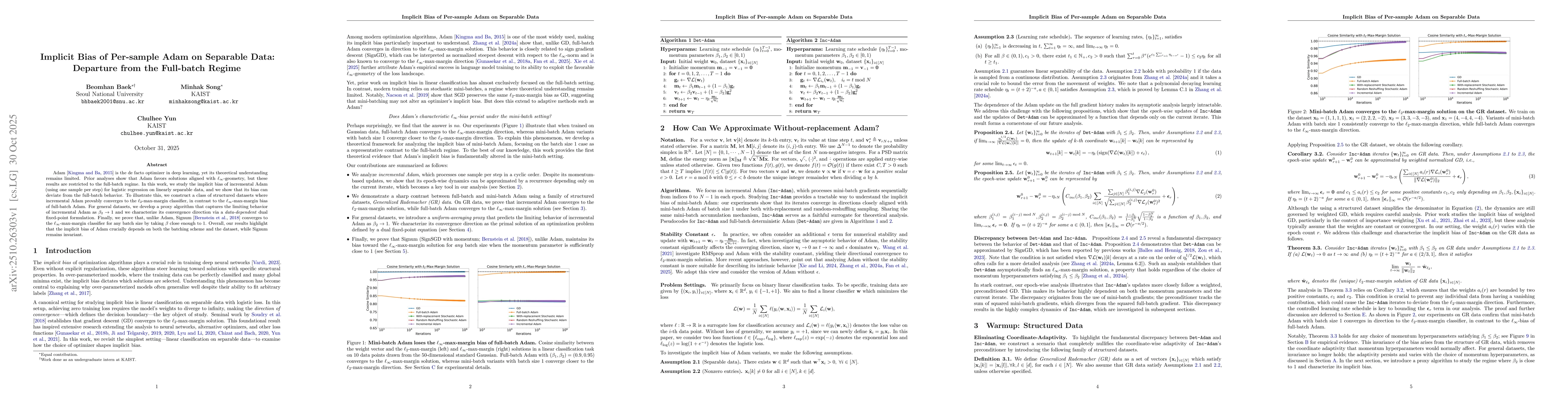 Thumbnail for Implicit Bias of Per-sample Adam on Separable Data: Departure from the
  Full-batch Regime
