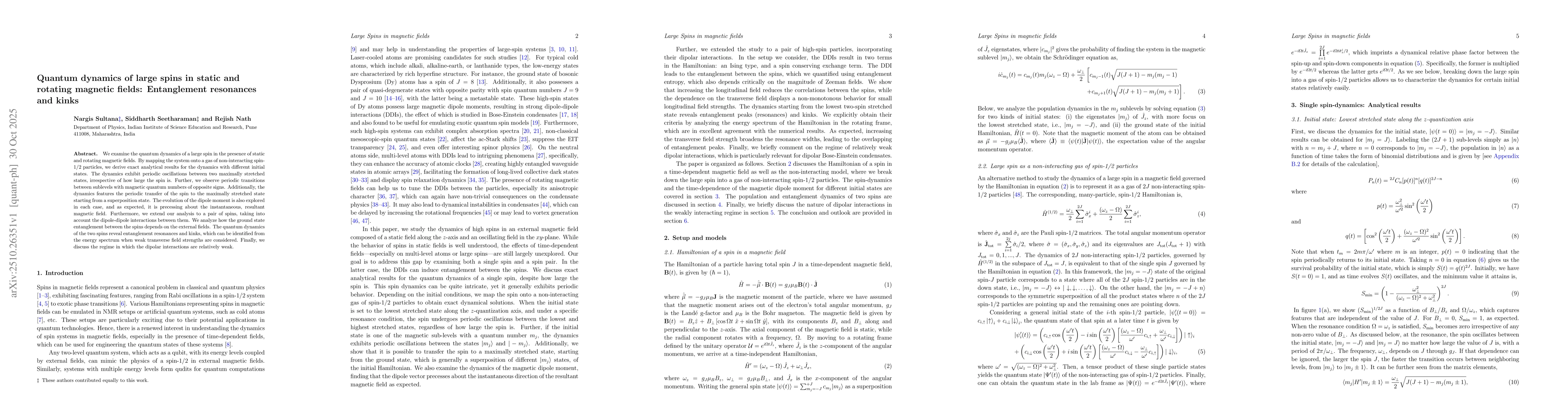 Thumbnail for Quantum dynamics of large spins in static and rotating magnetic fields:
  Entanglement resonances and kinks