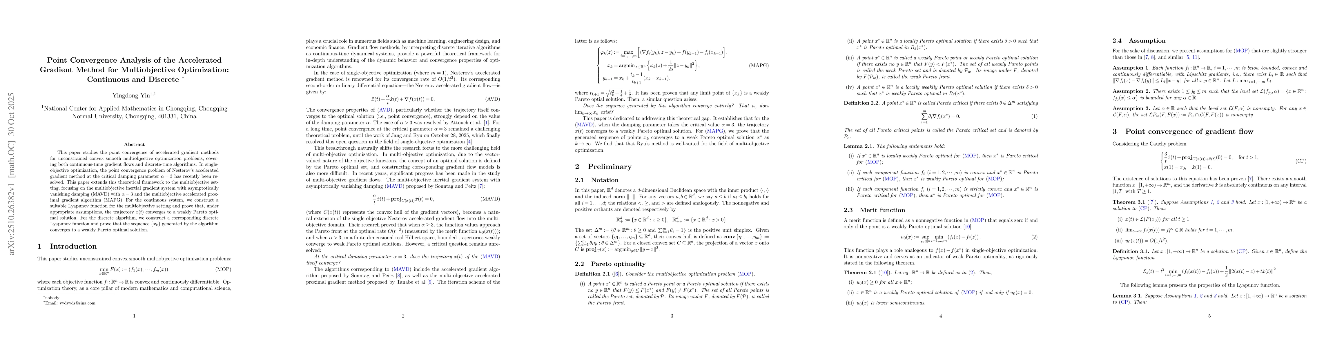 Thumbnail for Point Convergence Analysis of the Accelerated Gradient Method for
  Multiobjective Optimization: Continuous and Discrete