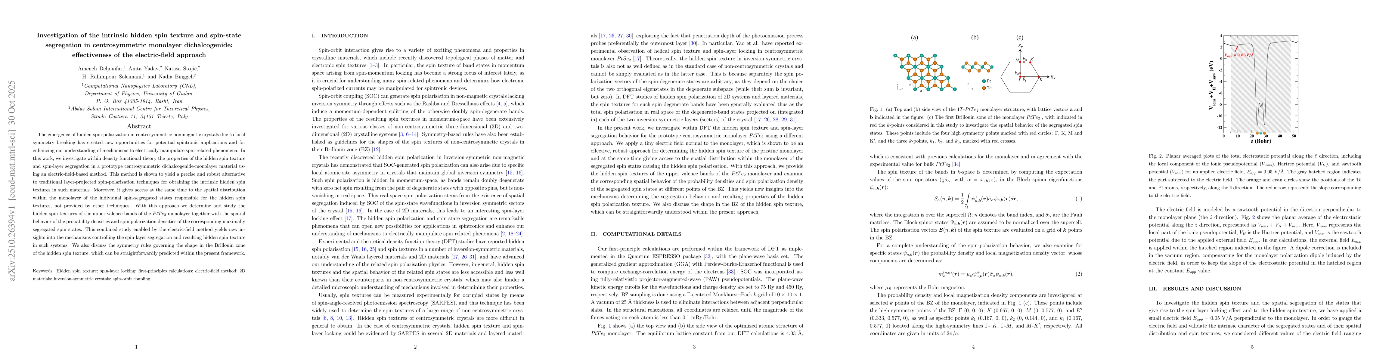 Thumbnail for Investigation of the intrinsic hidden spin texture and spin-state
  segregation in centrosymmetric monolayer dichalcogenide: effectiveness of the
  electric-field approach