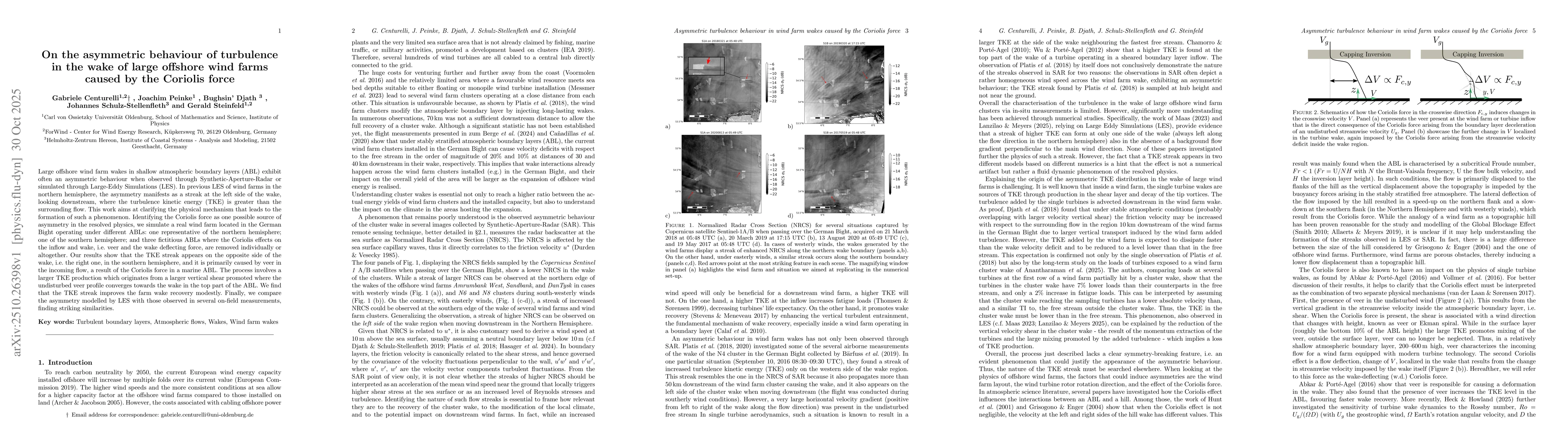 Thumbnail for Asymmetric behaviour of turbulence in the wake of wind farms caused by
  the Coriolis force