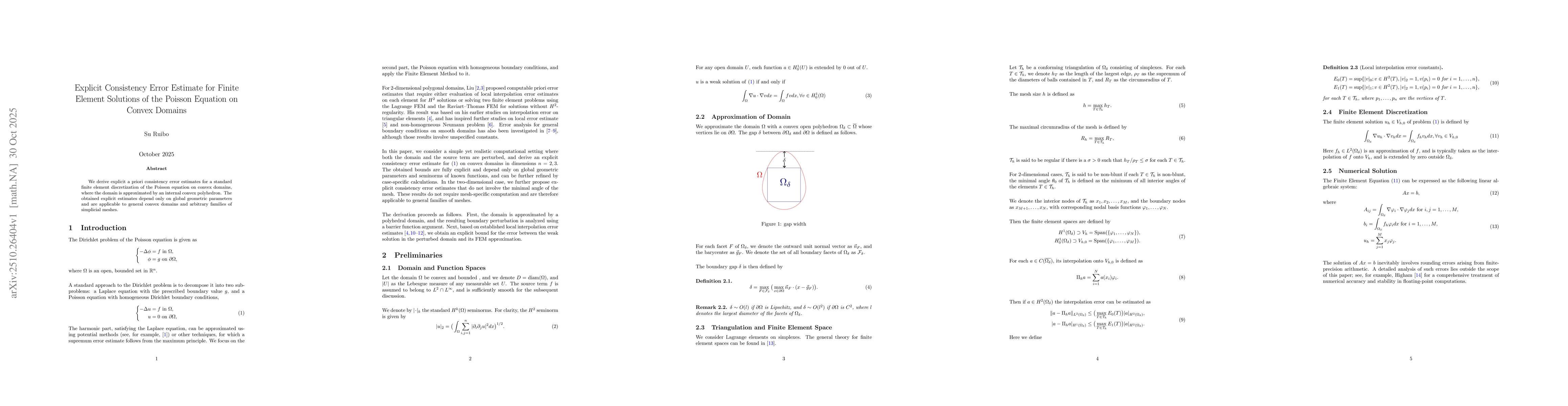 Thumbnail for Explicit Consistency Error Estimate for Finite Element Solutions of the
  Poisson Equation on Convex Domains
