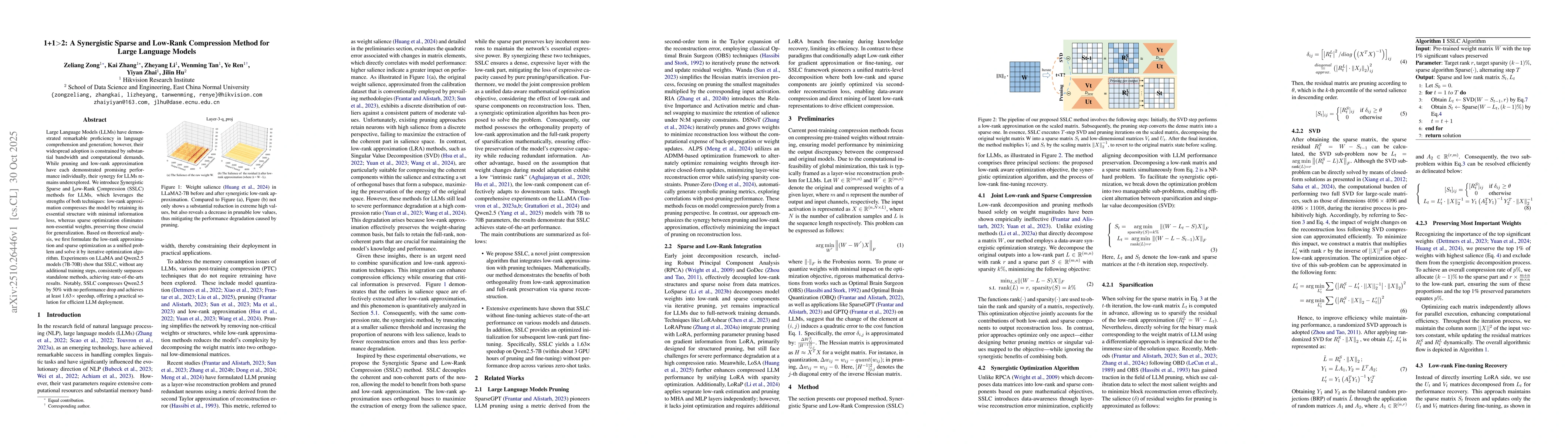 Thumbnail for 1+1>2: A Synergistic Sparse and Low-Rank Compression Method for Large
  Language Models