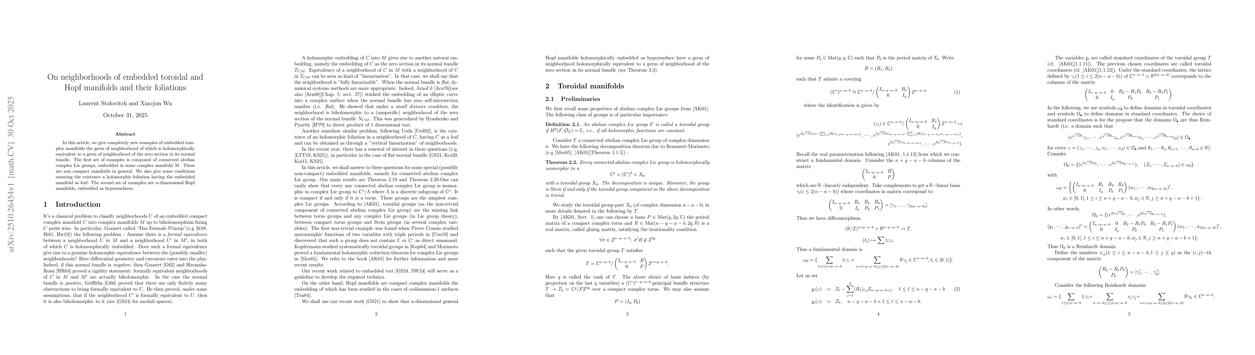 Thumbnail for On neighborhoods of embedded toroidal and Hopf manifolds and their
  foliations