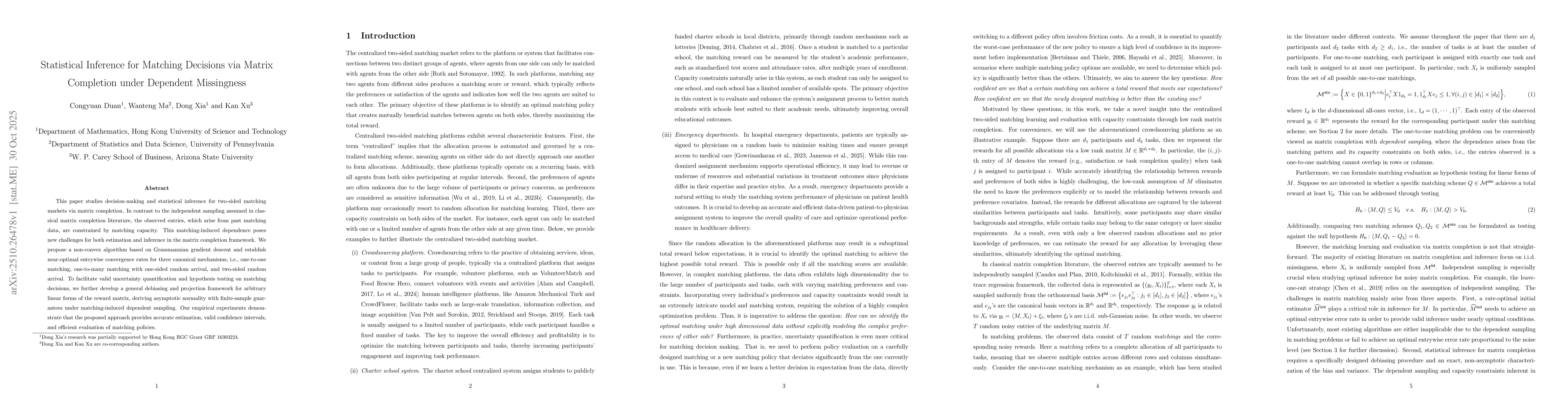 Thumbnail for Statistical Inference for Matching Decisions via Matrix Completion under
  Dependent Missingness