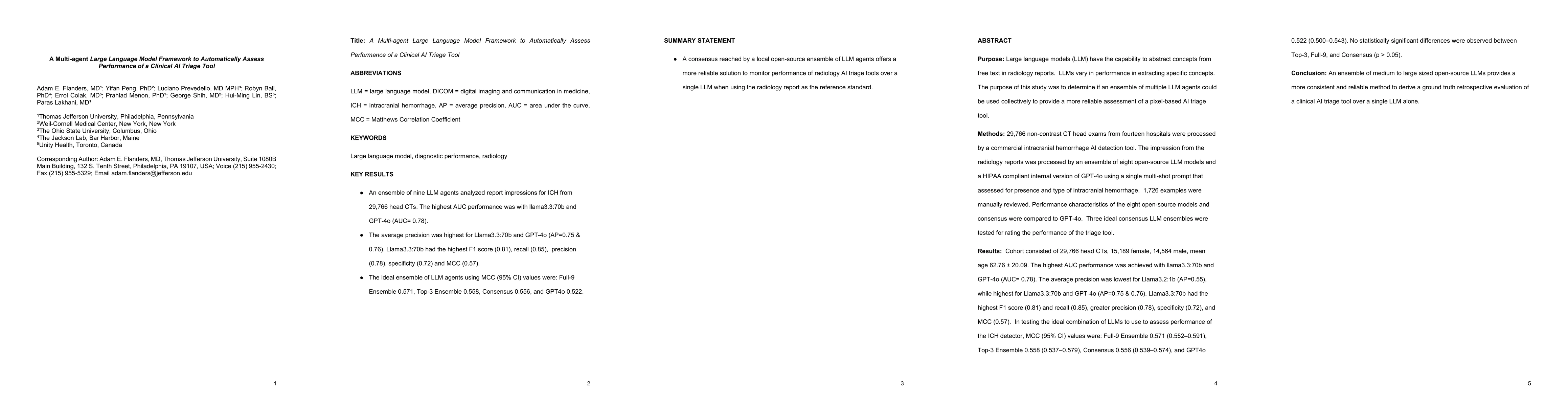Thumbnail for A Multi-agent Large Language Model Framework to Automatically Assess
  Performance of a Clinical AI Triage Tool