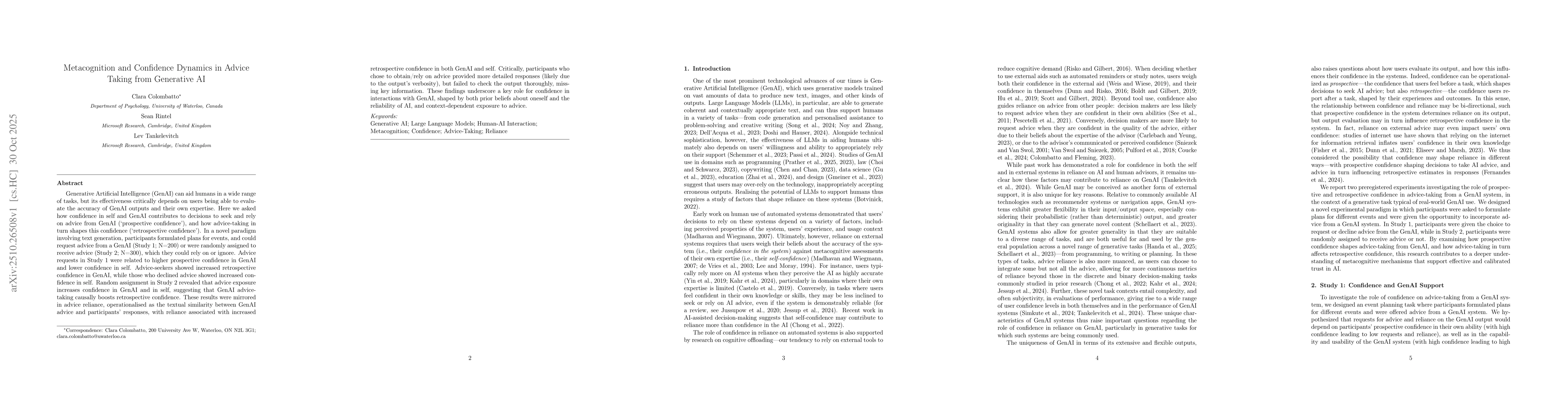 Thumbnail for Metacognition and Confidence Dynamics in Advice Taking from Generative
  AI