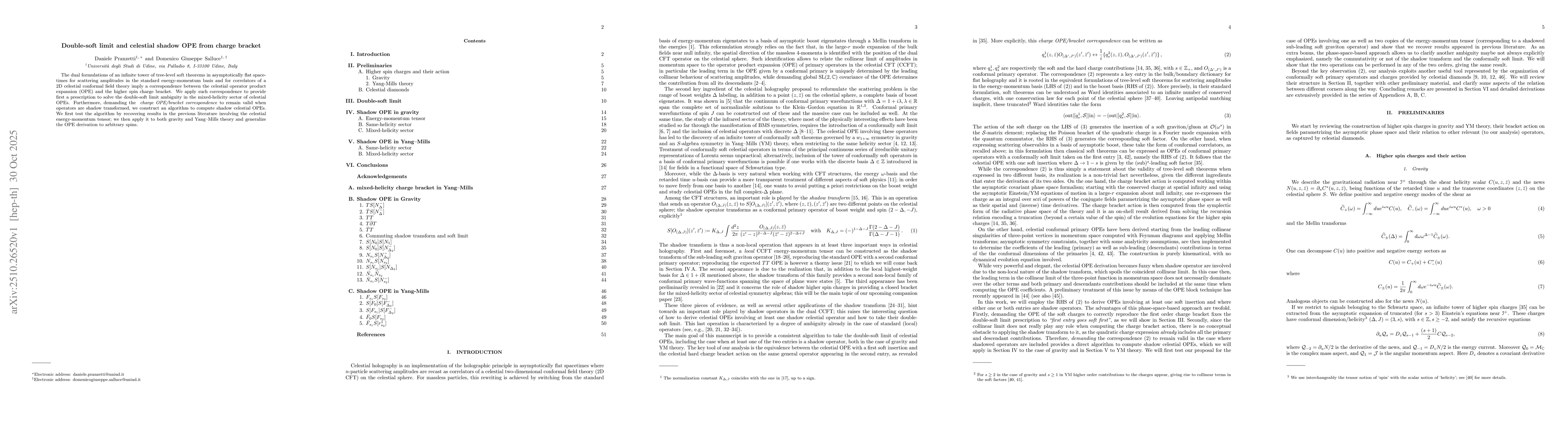 Thumbnail for Double-soft limit and celestial shadow OPE from charge bracket