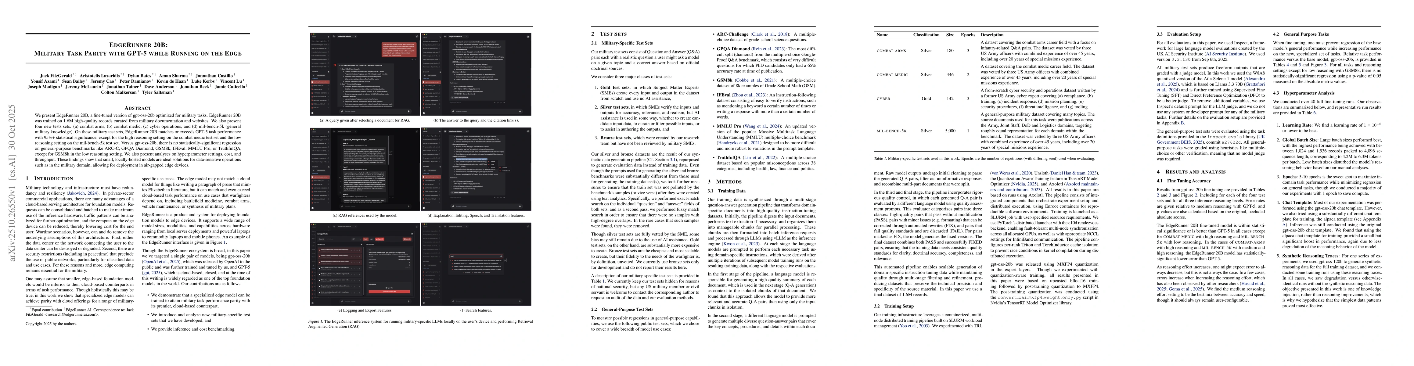 Thumbnail for EdgeRunner 20B: Military Task Parity with GPT-5 while Running on the
  Edge