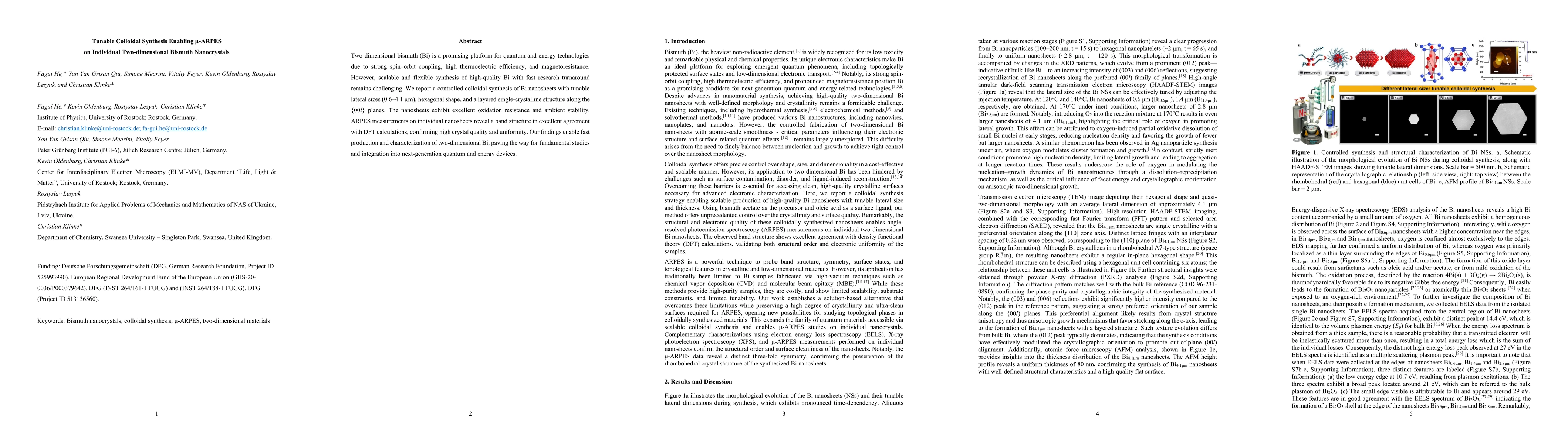 Thumbnail for Tunable Colloidal Synthesis Enabling μ-ARPES on Individual
  Two-dimensional Bismuth Nanocrystals