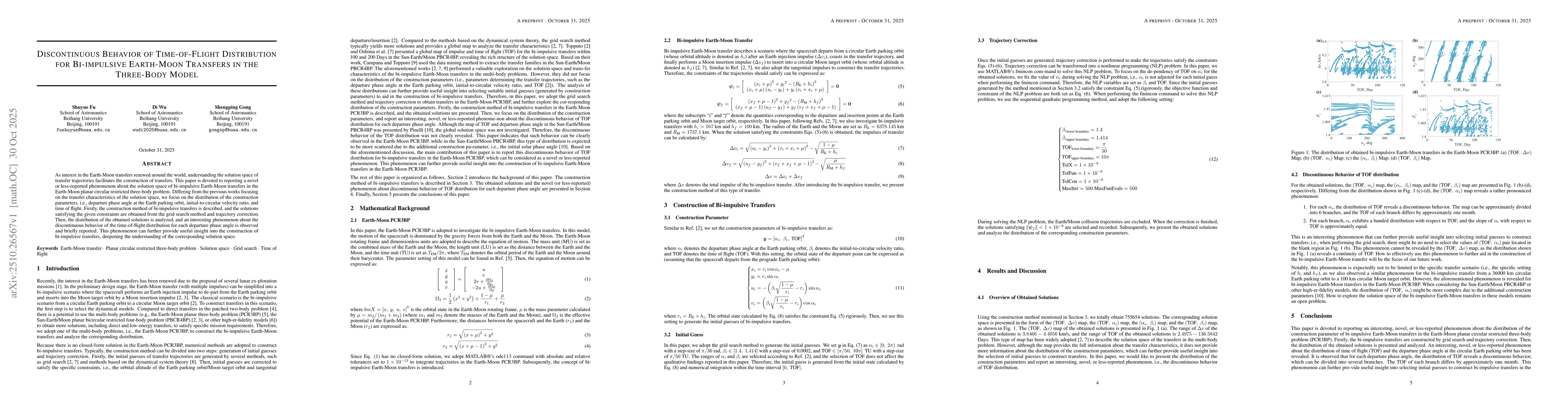 Thumbnail for Discontinuous Behavior of Time-of-Flight Distribution for Bi-impulsive
  Earth-Moon Transfers in the Three-Body Model