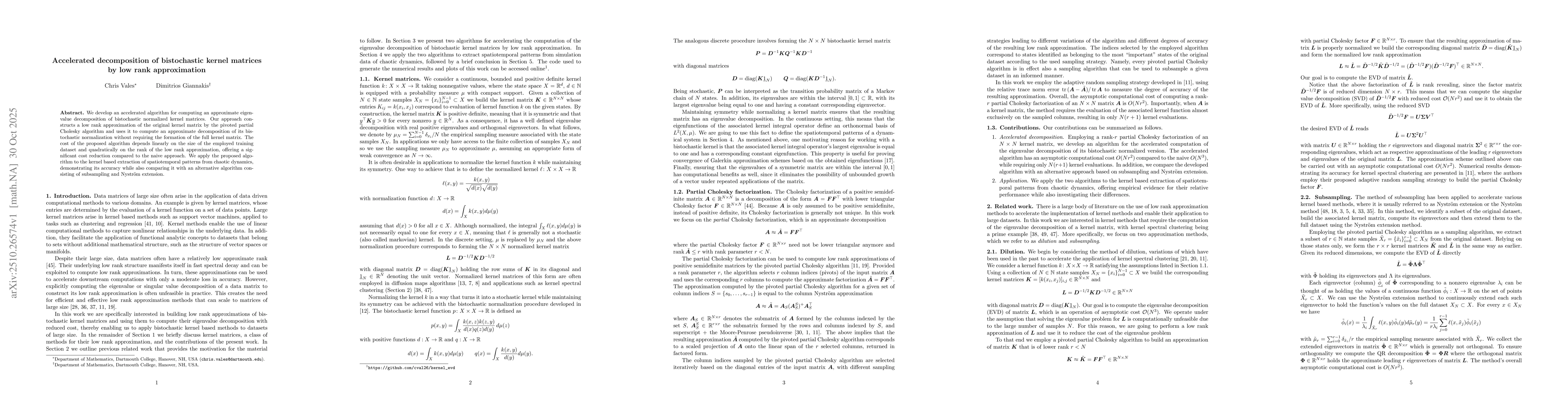 Thumbnail for Accelerated decomposition of bistochastic kernel matrices by low rank
  approximation