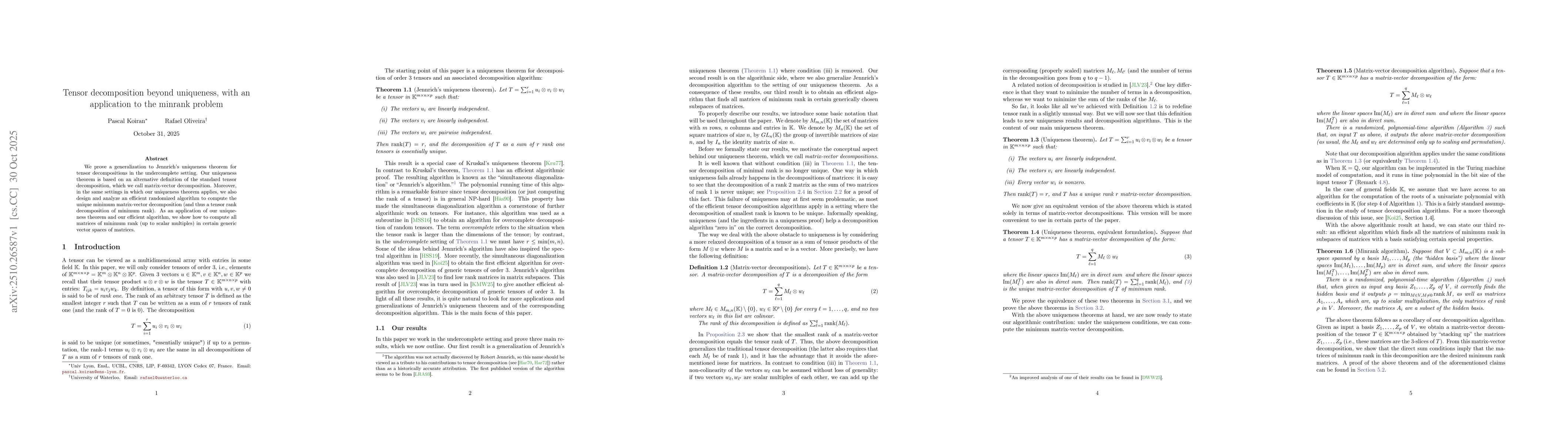 Thumbnail for Tensor decomposition beyond uniqueness, with an application to the
  minrank problem