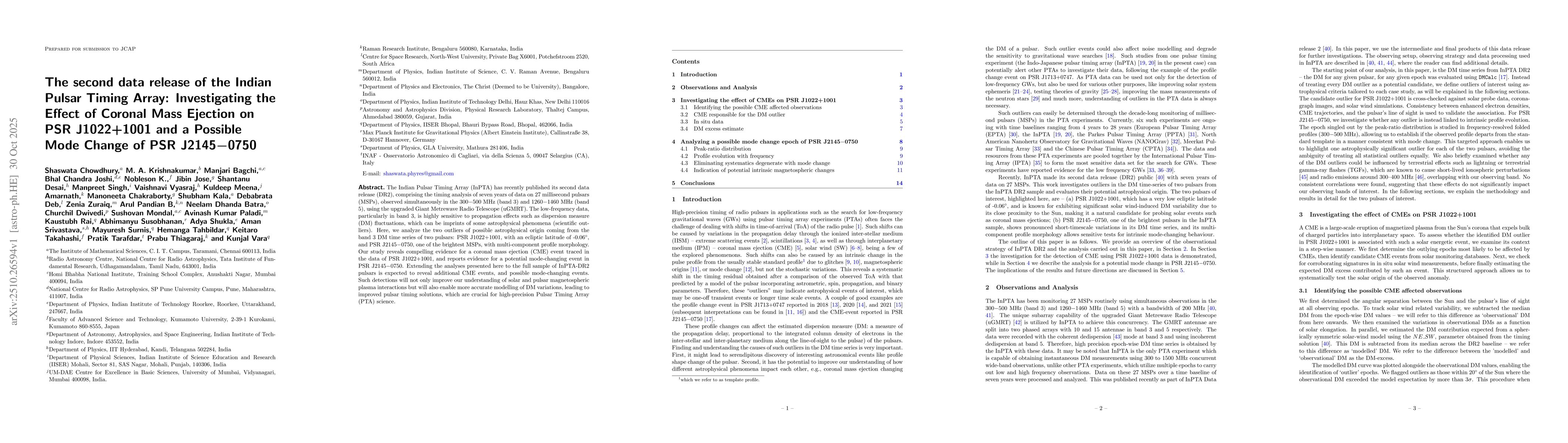 Thumbnail for The second data release of the Indian Pulsar Timing Array: Investigating
  the Effect of Coronal Mass Ejection on PSR J1022+1001 and a Possible Mode
  Change of PSR J2145-0750