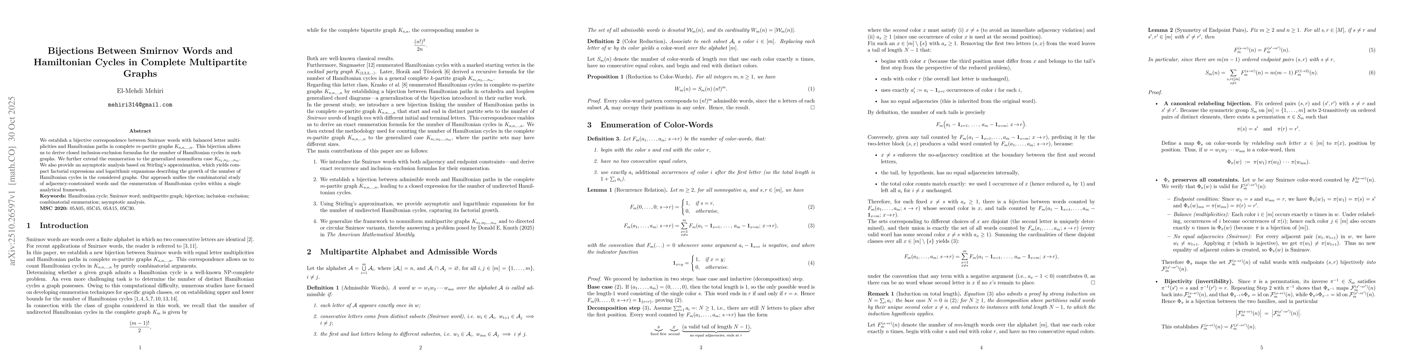 Thumbnail for Bijections Between Smirnov Words and Hamiltonian Cycles in Complete
  Multipartite Graphs
