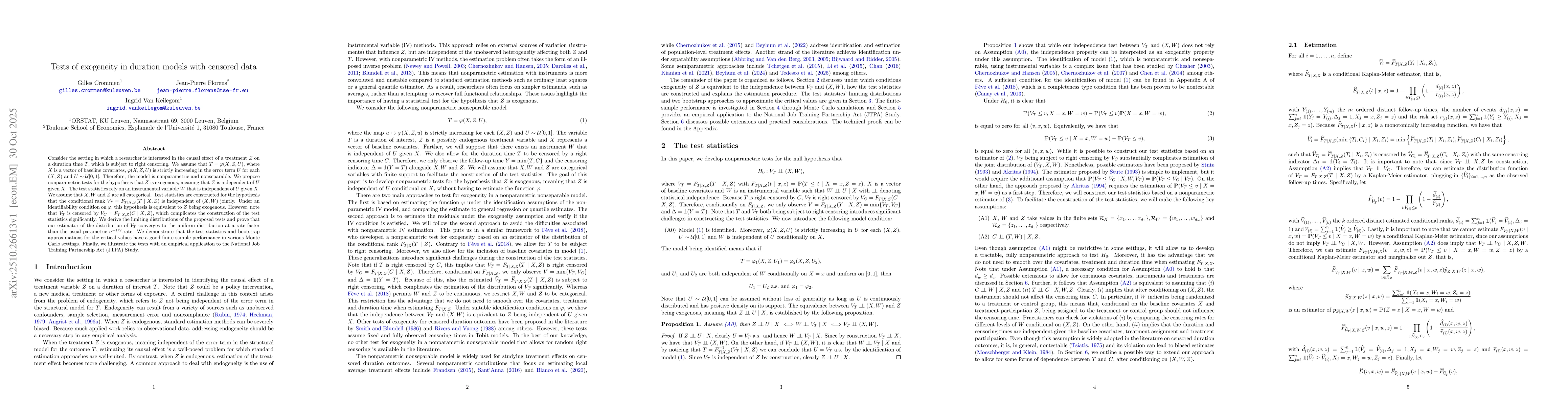 Thumbnail for Tests of exogeneity in duration models with censored data