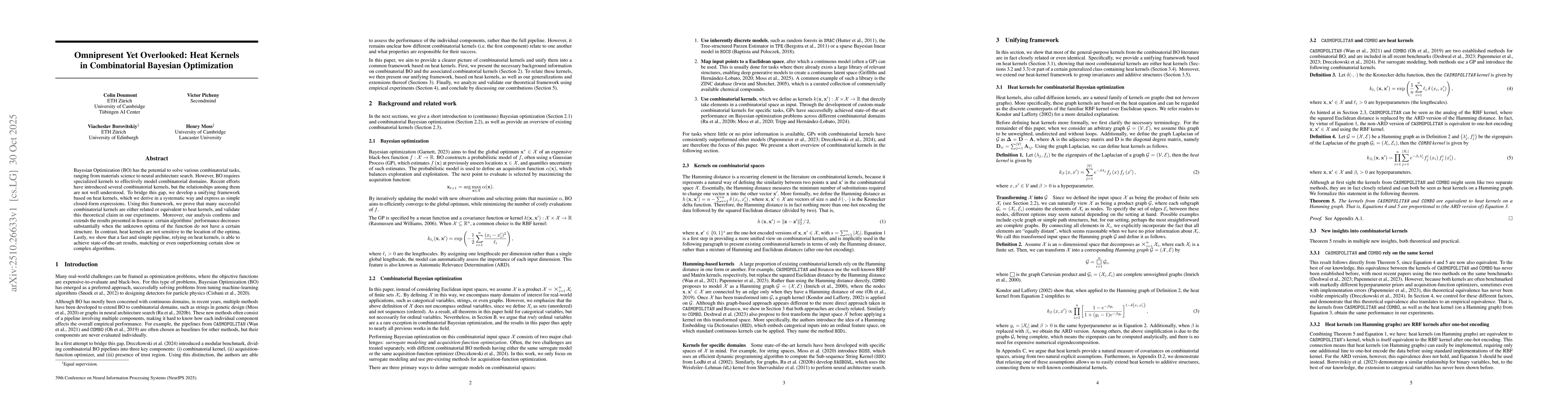 Thumbnail for Omnipresent Yet Overlooked: Heat Kernels in Combinatorial Bayesian
  Optimization