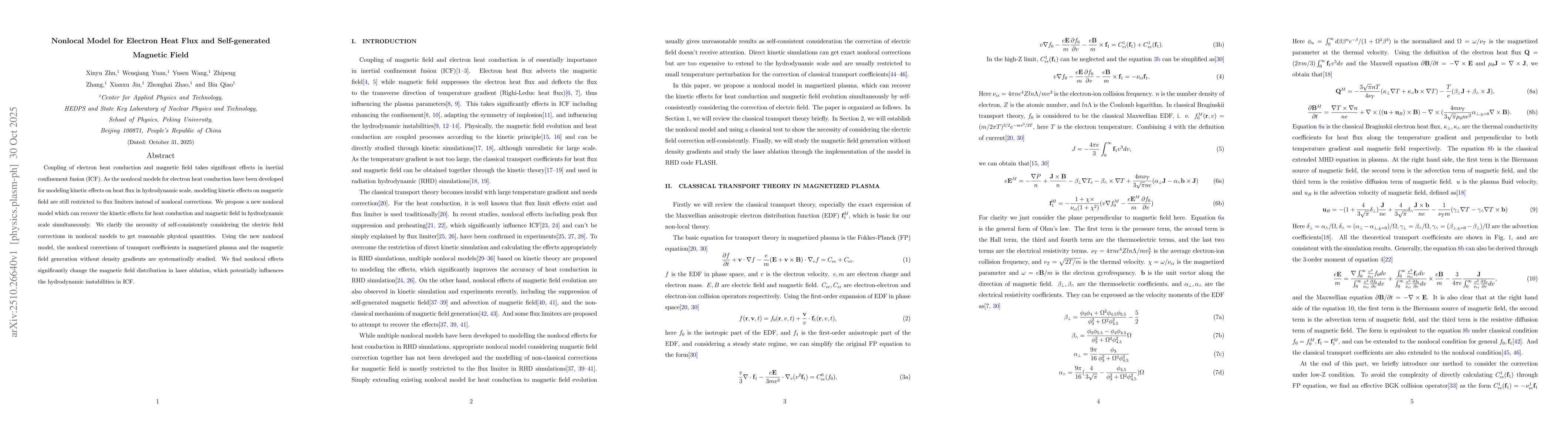 Thumbnail for Nonlocal Model for Electron Heat Flux and Self-generated Magnetic Field