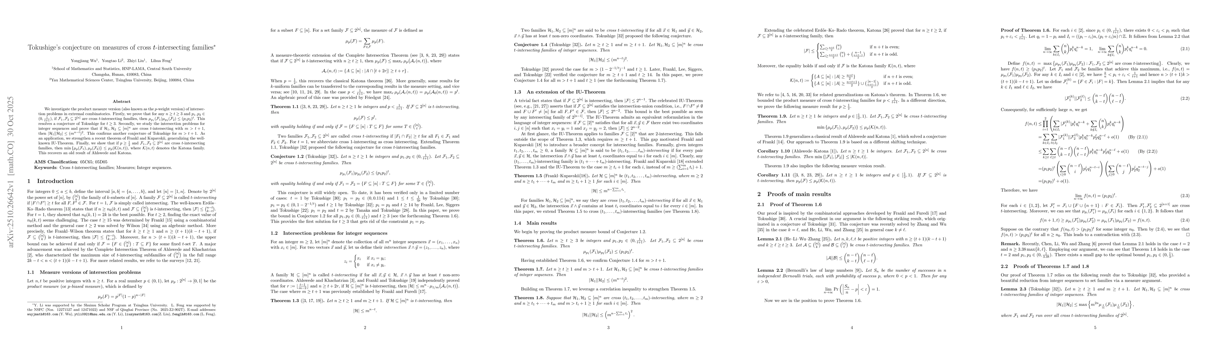 Thumbnail for Tokushige's conjecture on measures of cross $t$-intersecting families