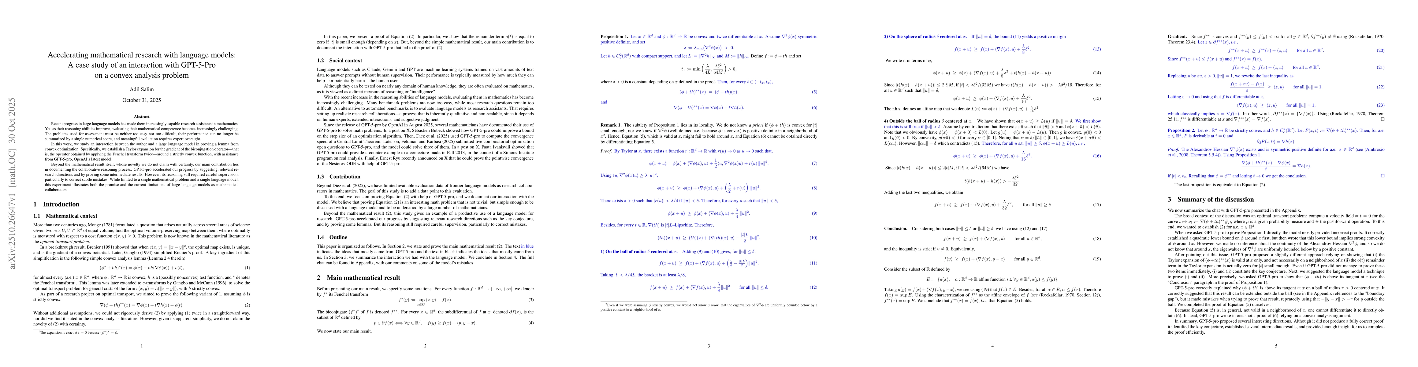 Thumbnail for Accelerating mathematical research with language models: A case study of
  an interaction with GPT-5-Pro on a convex analysis problem
