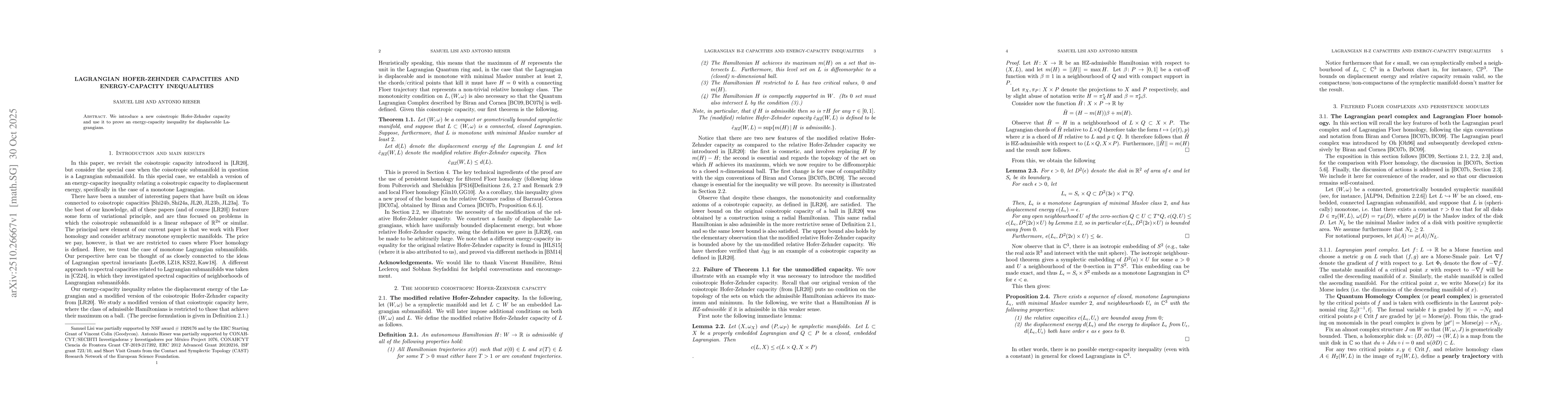 Thumbnail for Lagrangian Hofer-Zehnder Capacities and Energy-Capacity Inequalities