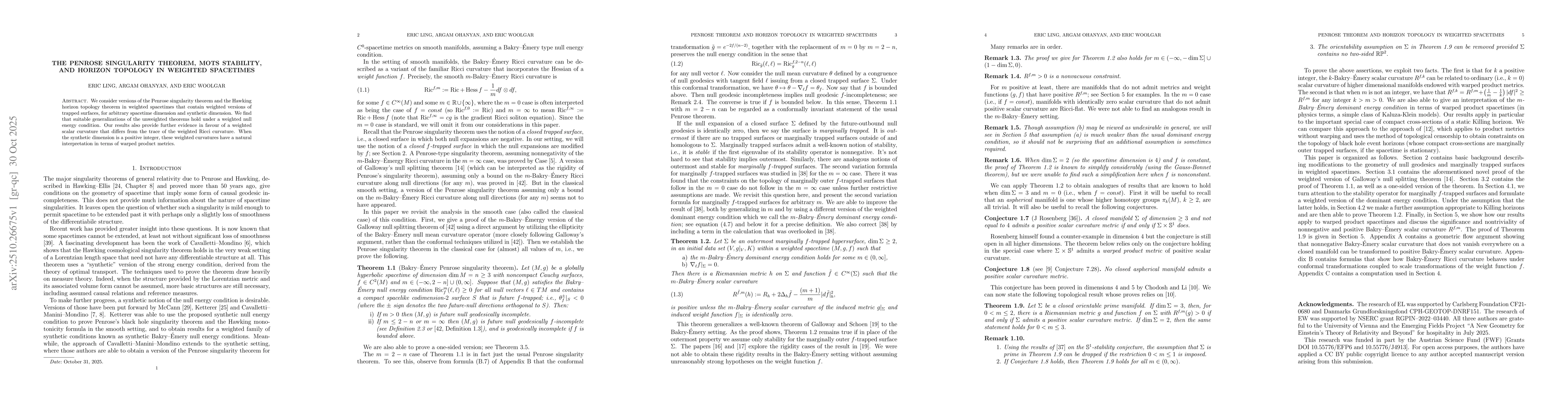 Thumbnail for The Penrose singularity theorem, MOTS stability, and horizon topology in
  weighted spacetimes