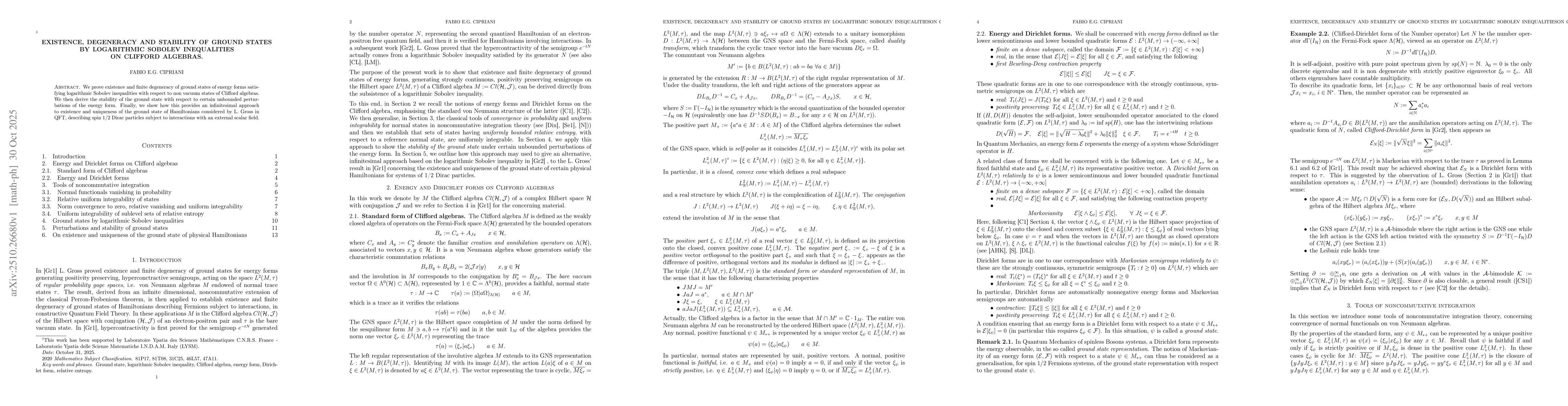 Thumbnail for Existence, degeneracy and stability of ground states by logarithmic
  Sobolev inequalities on Clifford algebras