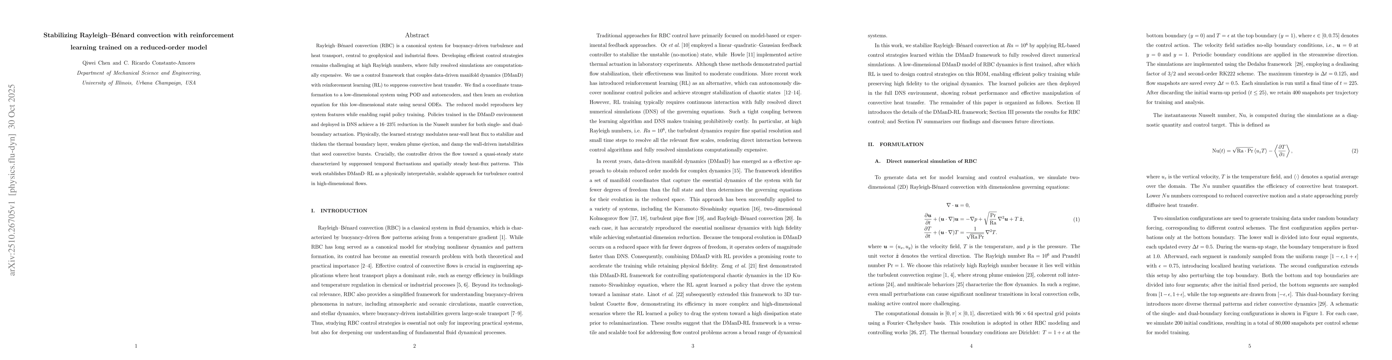 Thumbnail for Stabilizing Rayleigh-Benard convection with reinforcement learning
  trained on a reduced-order model