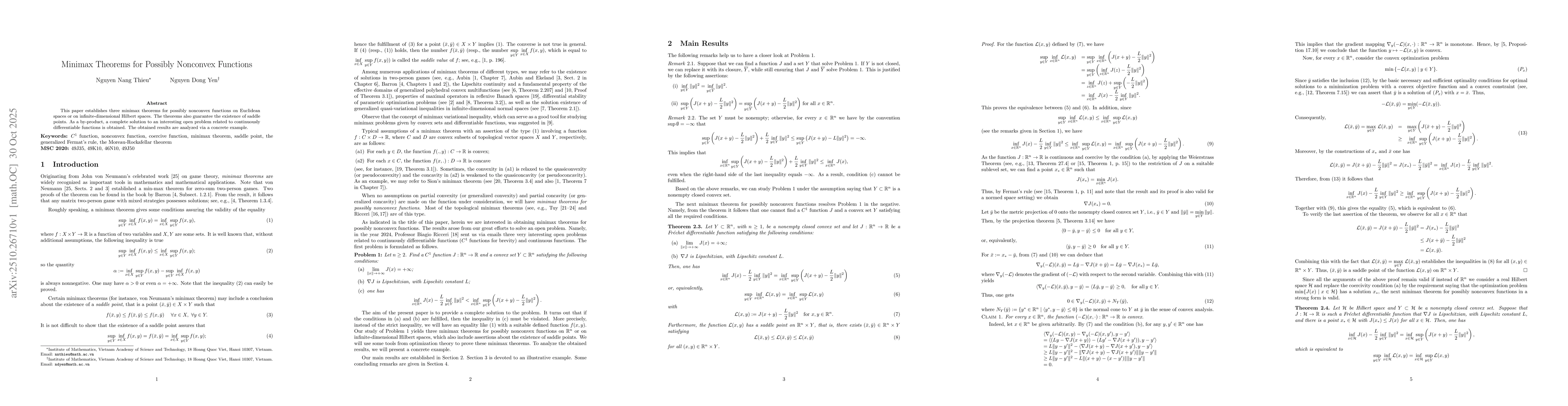 Thumbnail for Minimax Theorems for Possibly Nonconvex Functions