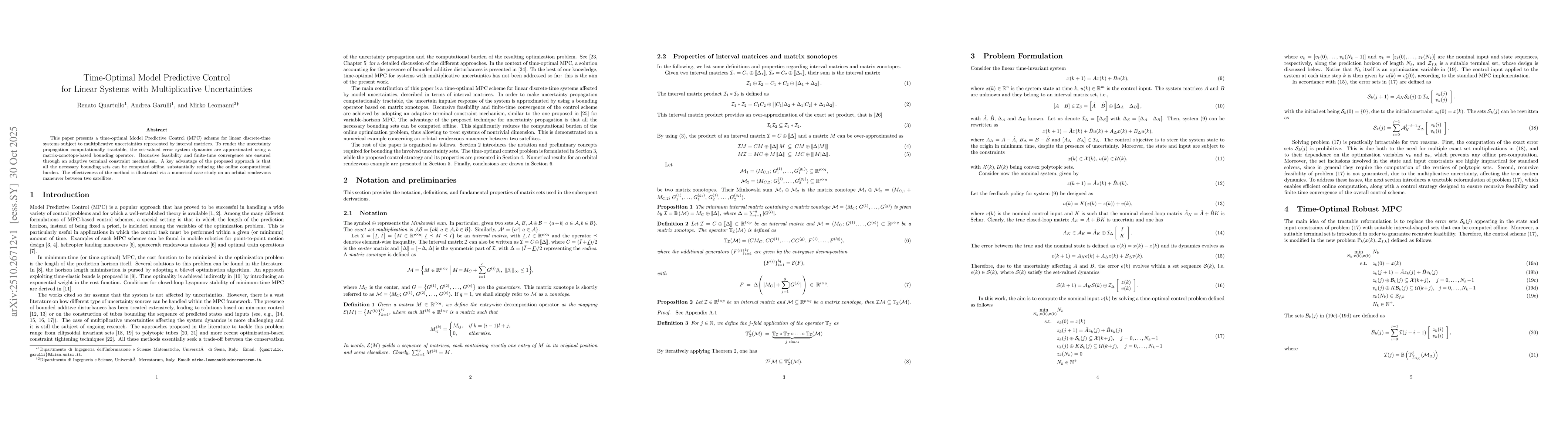 Thumbnail for Time-Optimal Model Predictive Control for Linear Systems with
  Multiplicative Uncertainties