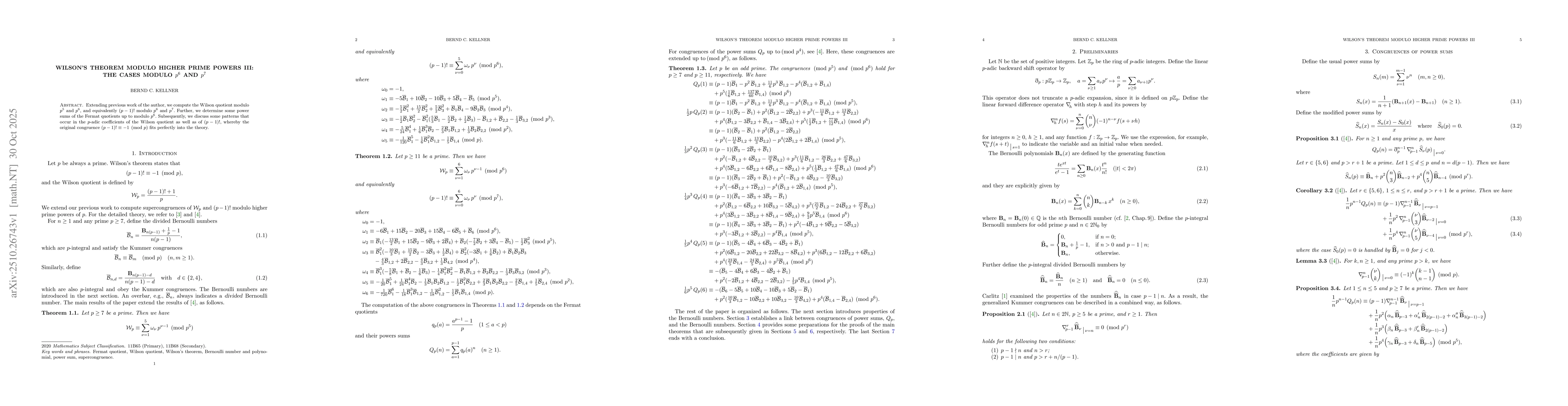 Thumbnail for Wilson's theorem modulo higher prime powers III: The cases modulo $p^6$
  and $p^7$