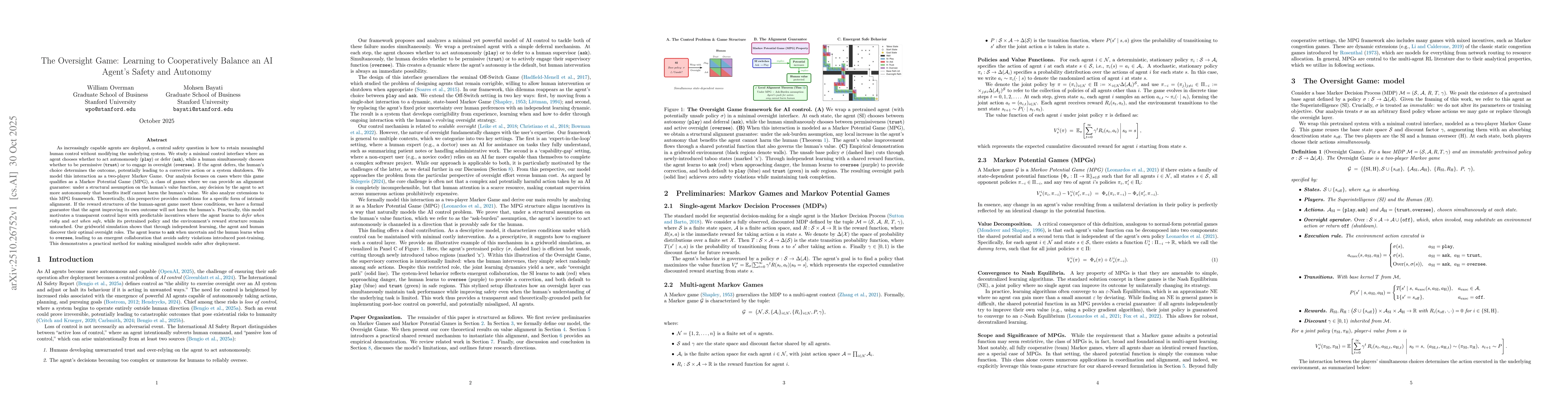 Thumbnail for The Oversight Game: Learning to Cooperatively Balance an AI Agent's
  Safety and Autonomy