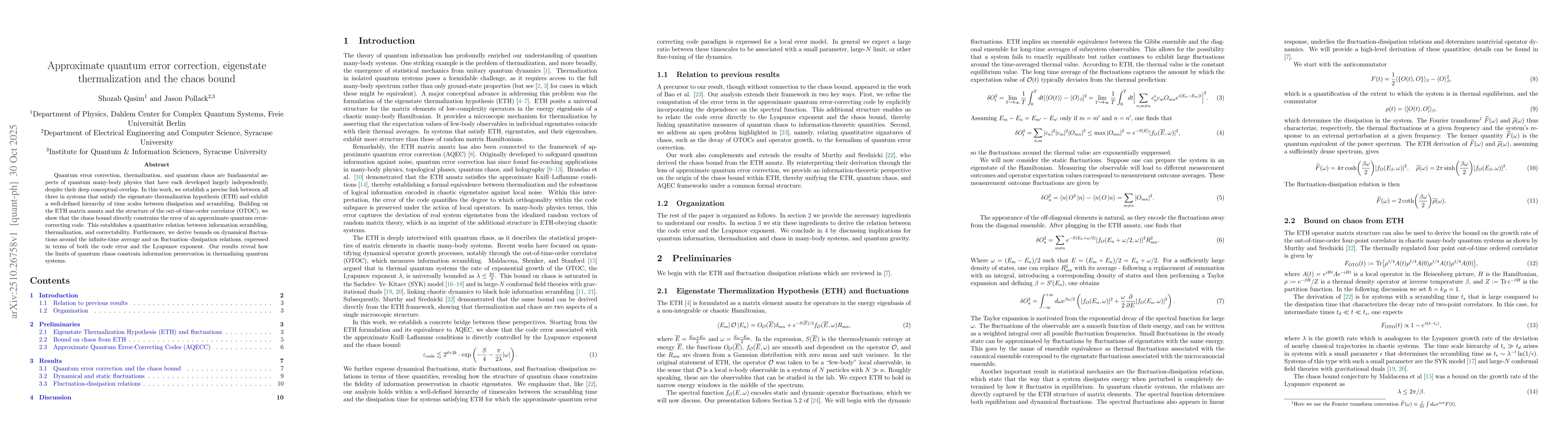 Thumbnail for Approximate quantum error correction, eigenstate thermalization and the
  chaos bound