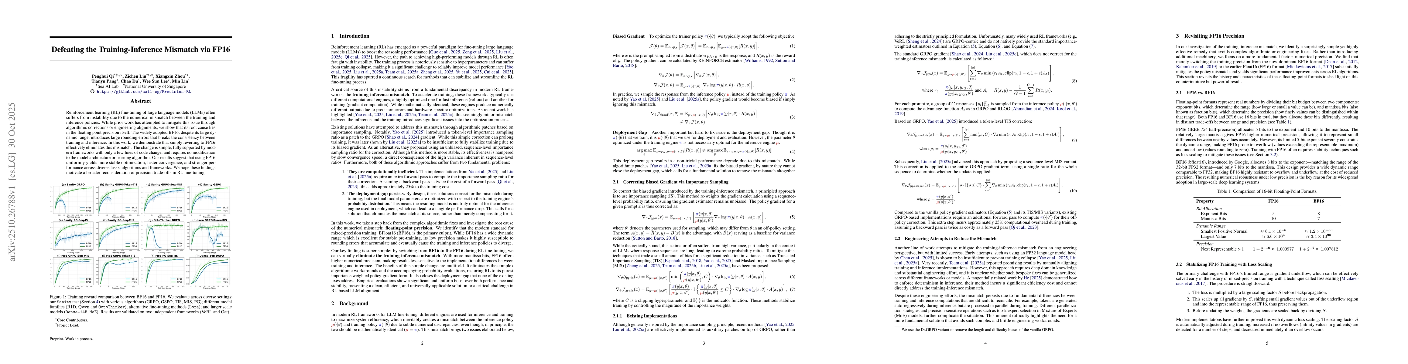 Thumbnail for Defeating the Training-Inference Mismatch via FP16