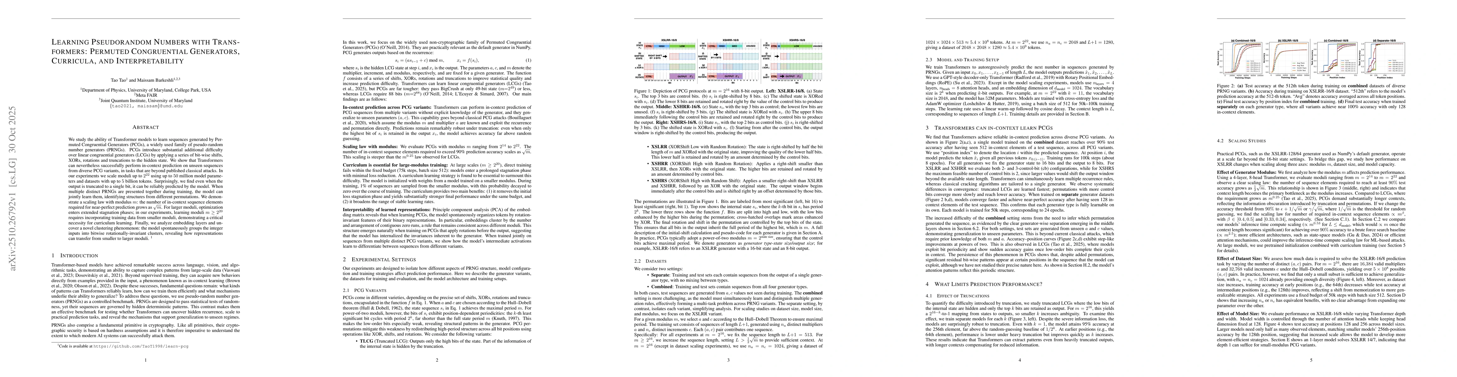 Thumbnail for Learning Pseudorandom Numbers with Transformers: Permuted Congruential
  Generators, Curricula, and Interpretability