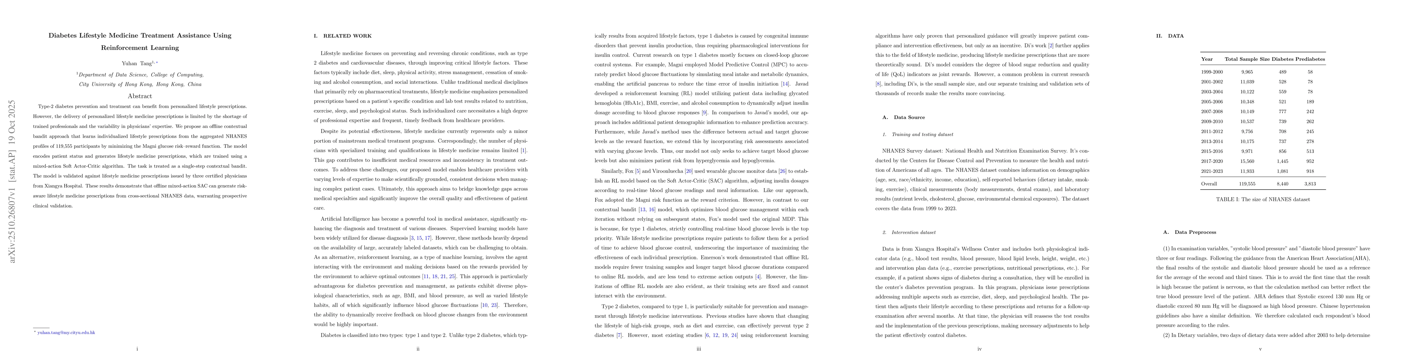 Thumbnail for Diabetes Lifestyle Medicine Treatment Assistance Using Reinforcement
  Learning