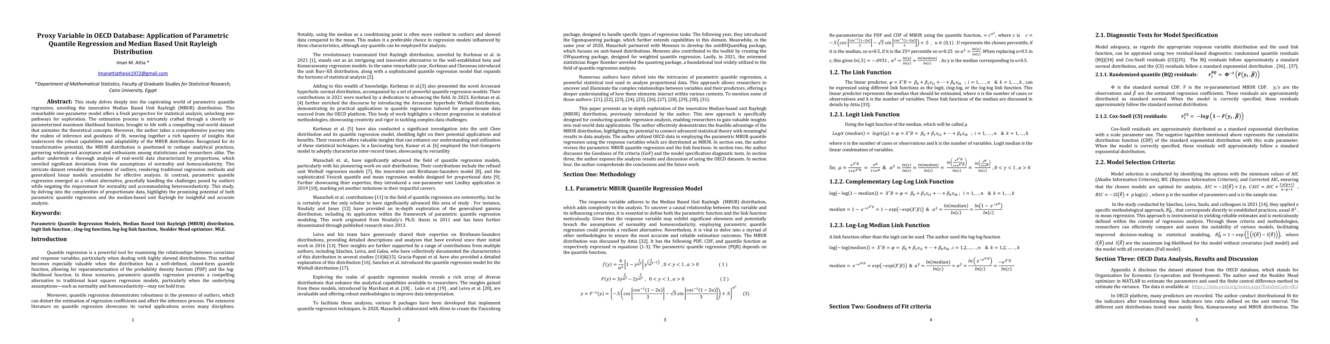 Thumbnail for Proxy Variable in OECD Database: Application of Parametric Quantile
  Regression and Median Based Unit Rayleigh Distribution