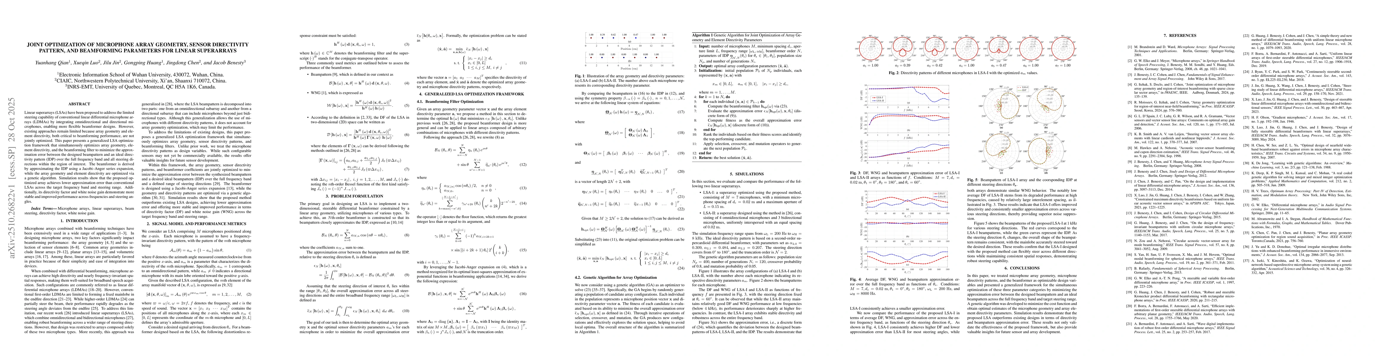 Thumbnail for Joint optimization of microphone array geometry, sensor directivity
  pattern, and beamforming parameters for linear superarrays