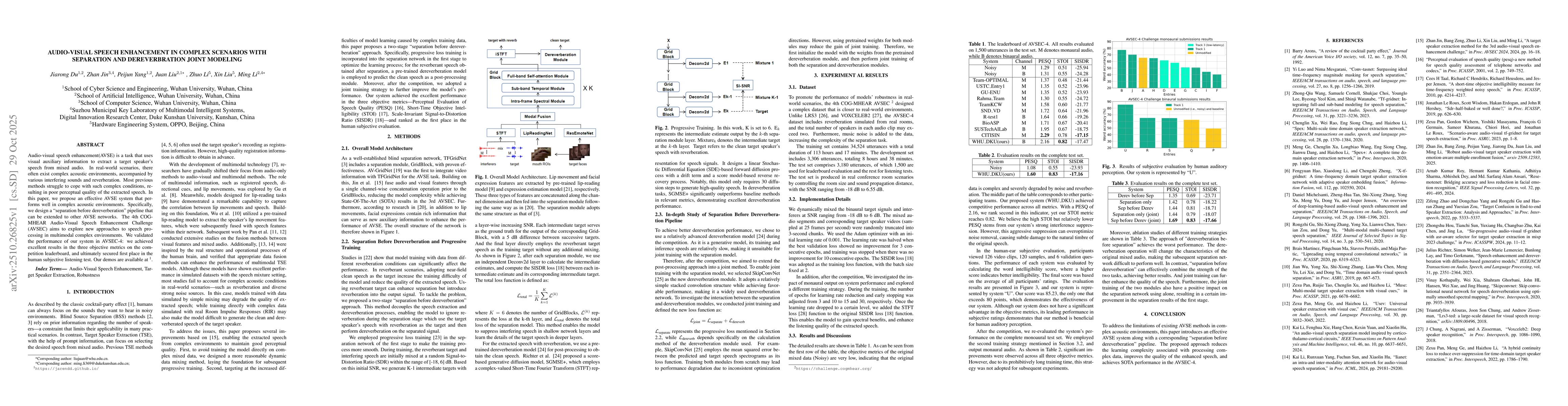 Thumbnail for Audio-Visual Speech Enhancement In Complex Scenarios With Separation And
  Dereverberation Joint Modeling