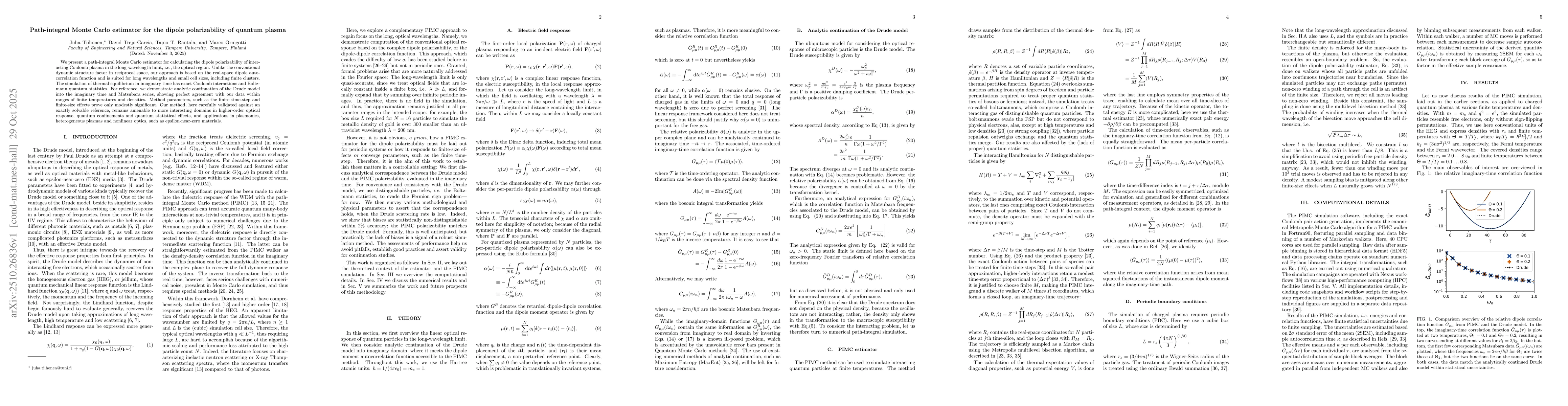 Thumbnail for Path-integral Monte Carlo estimator for the dipole polarizability of
  quantum plasma