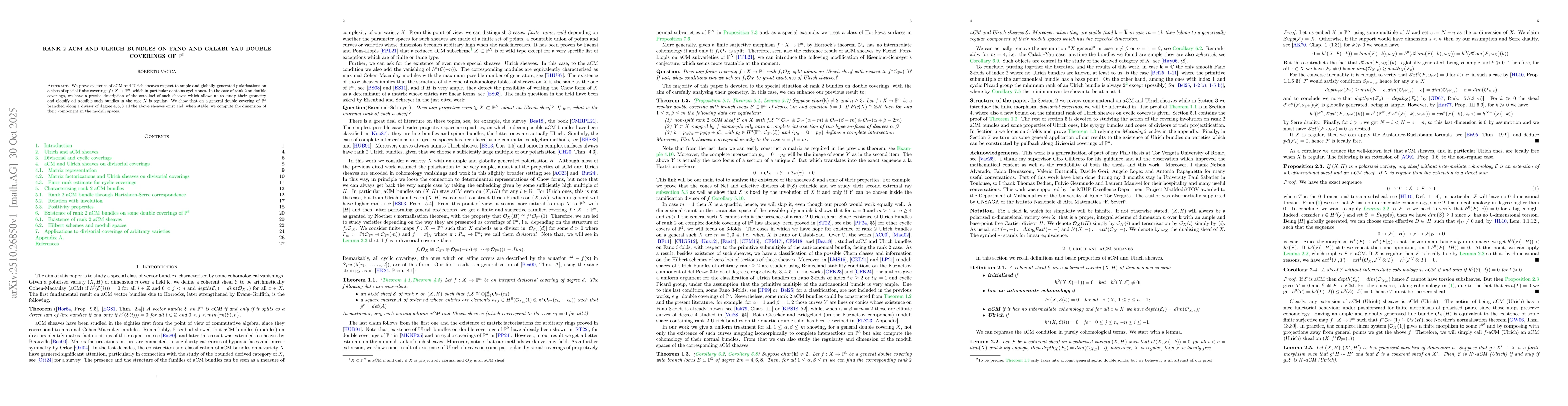 Thumbnail for Rank $2$ aCM and Ulrich bundles on Fano and Calabi--Yau double coverings
  of $\mathbb{P}^3$
