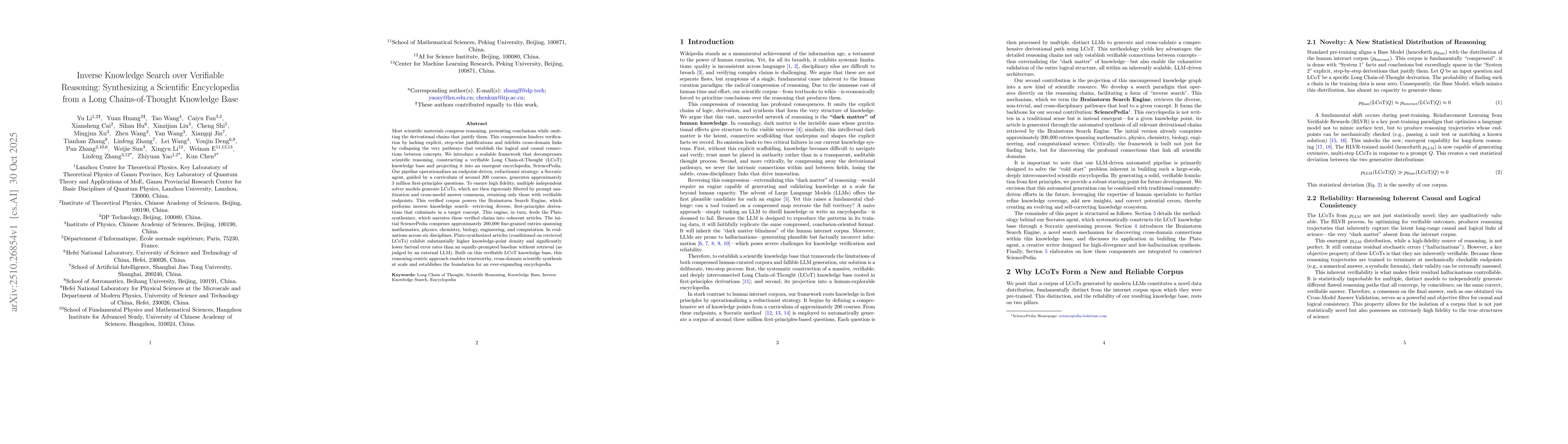 Thumbnail for Inverse Knowledge Search over Verifiable Reasoning: Synthesizing a
  Scientific Encyclopedia from a Long Chains-of-Thought Knowledge Base