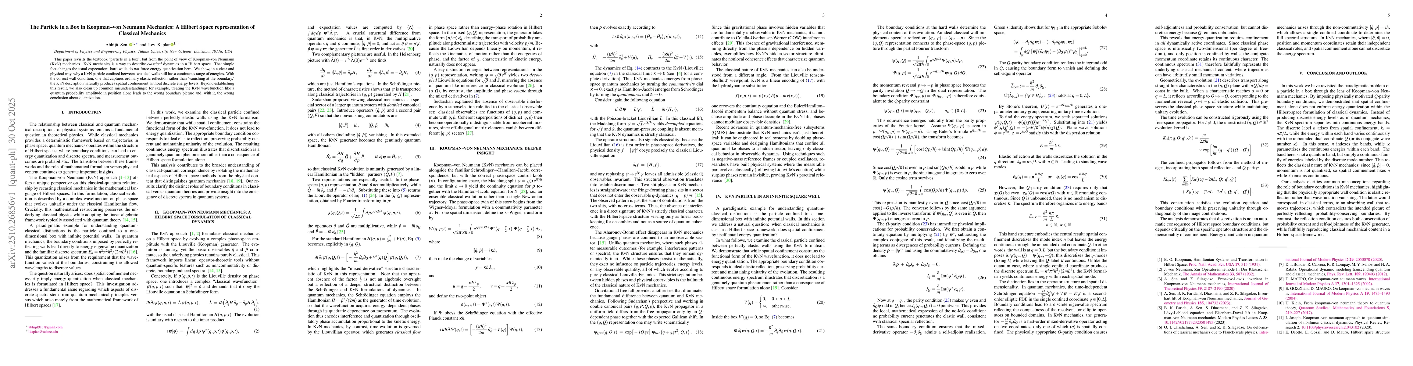 Thumbnail for The Particle in a Box in Koopman--von Neumann Mechanics: A Hilbert Space
  representation of Classical Mechanics