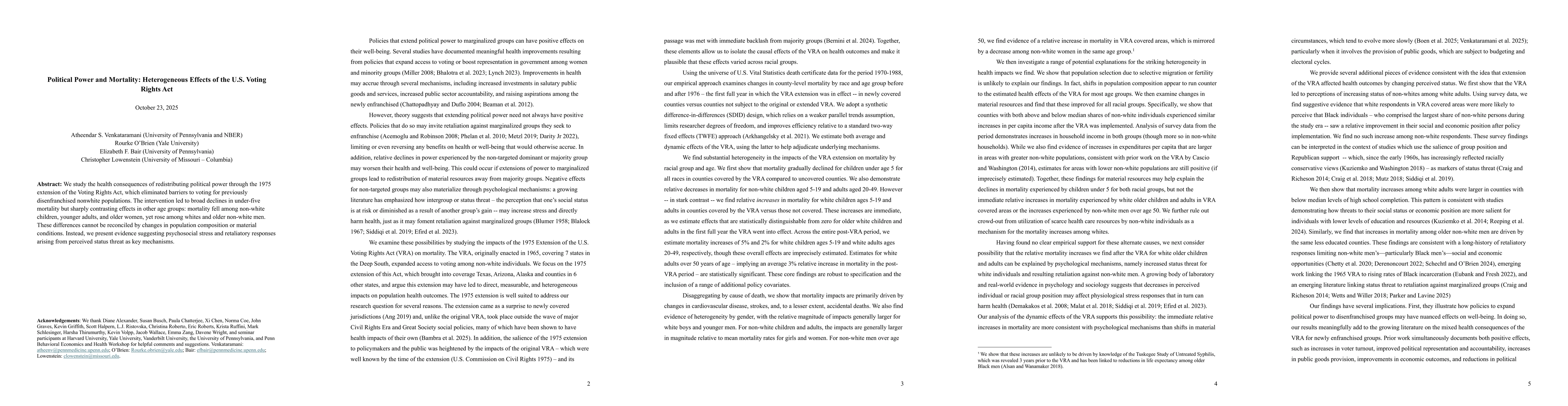 Thumbnail for Political Power and Mortality: Heterogeneous Effects of the U.S. Voting
  Rights Act