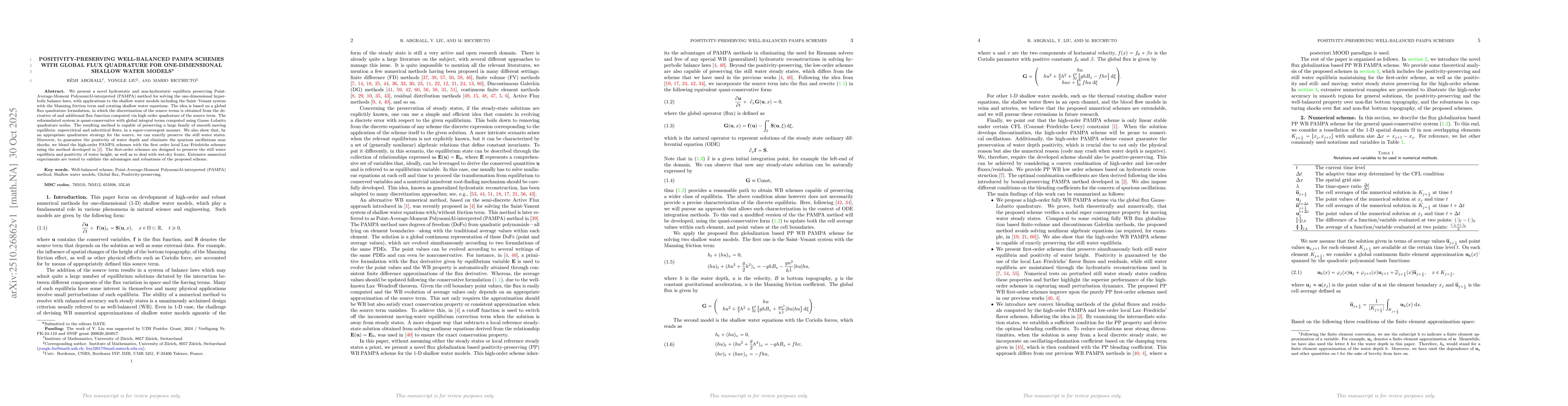 Thumbnail for Positivity-preserving Well-balanced PAMPA Schemes with Global Flux
  quadrature for One-dimensional Shallow Water Models