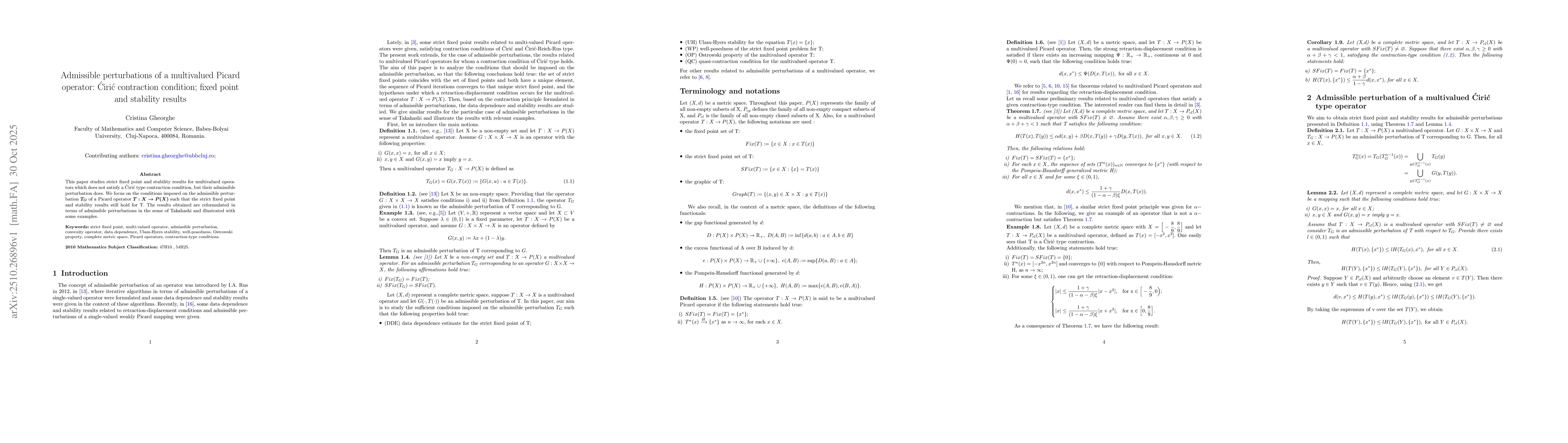 Thumbnail for Admissible perturbations of a multivalued Picard operator: Ćirić
  contraction condition; fixed point and stability results